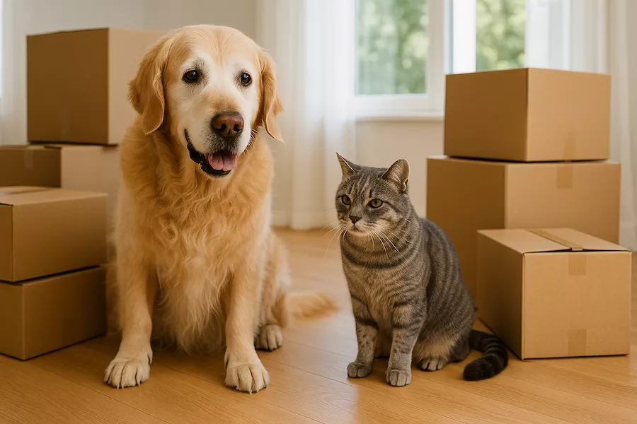 Äldre hund och katt bland flyttlådor i nytt hem